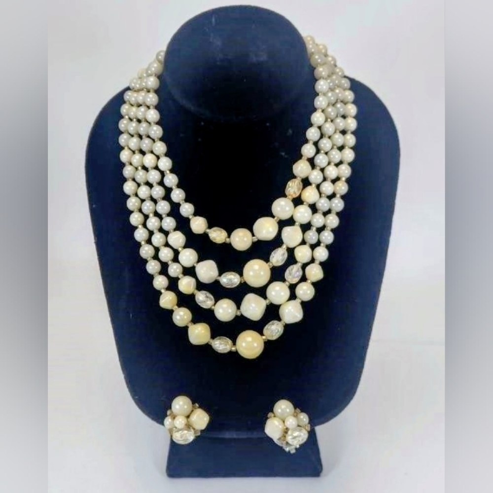 Mid Century Multi Strand Beaded Pearl Costume Jewelry Set Necklace/Clip Earrings